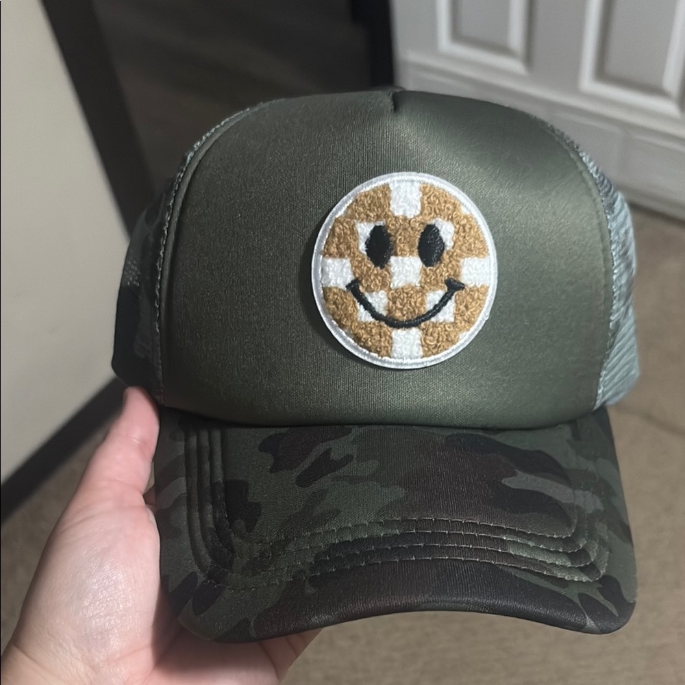 Green Camo Trucker Hat with Smiley Patch